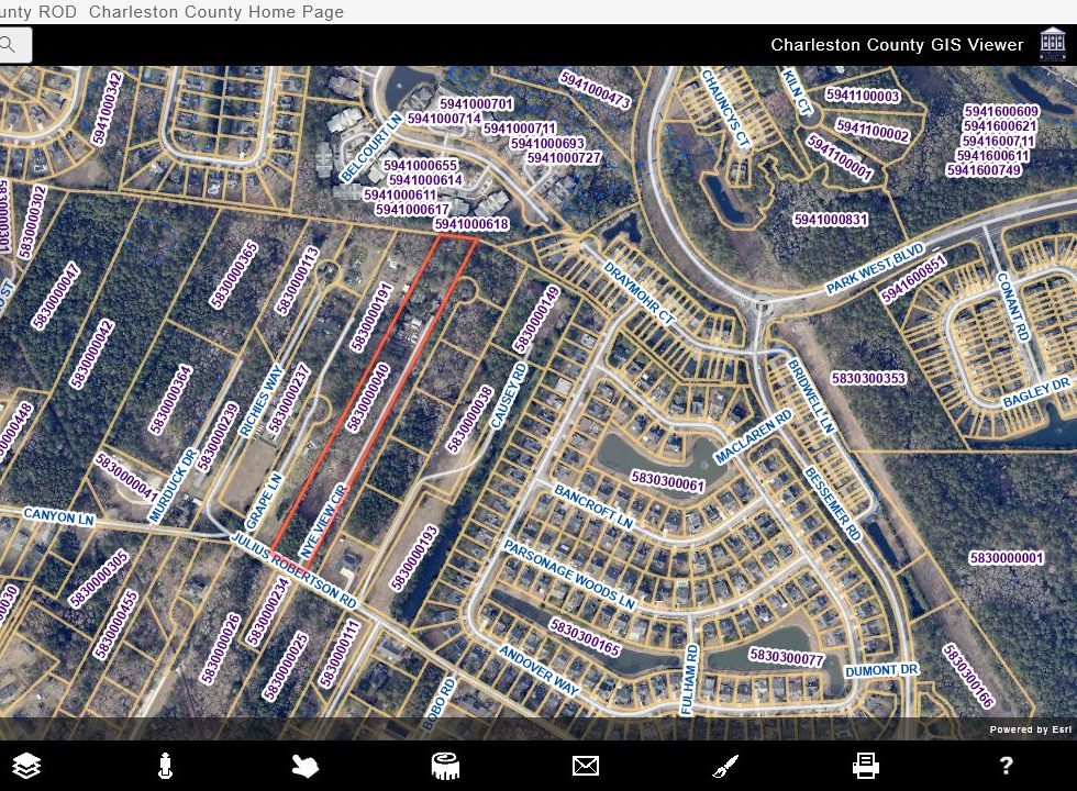 Charleston County GIS aerial parcel map showing 3041 Nye View Circle outlined in red
